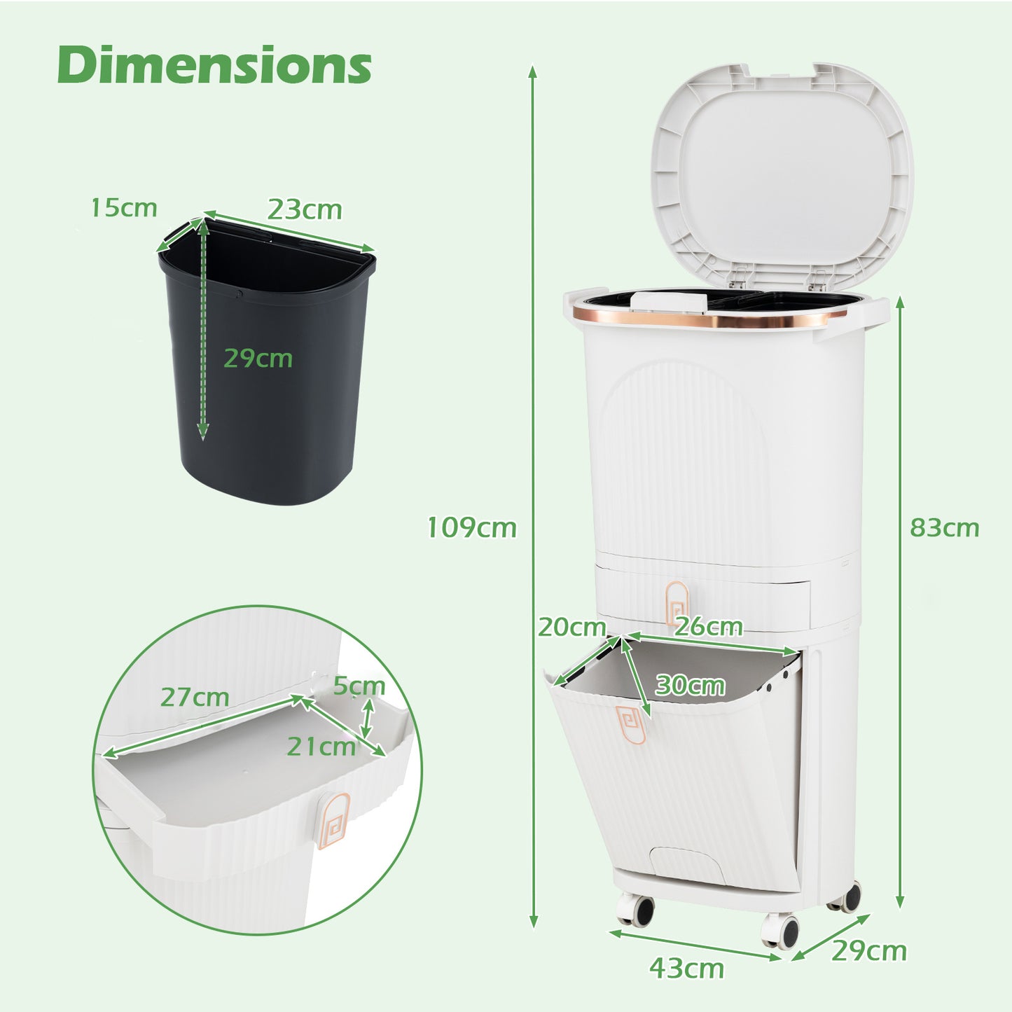 42L Kitchen Trash Can with Lid and 2 Detachable Buckets-White