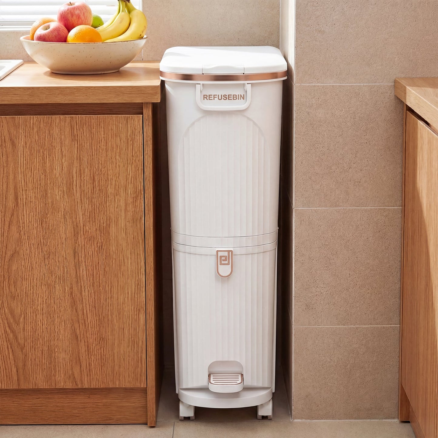 43L Kitchen Trash Can with Lid Double-Layer Sorting Trash Bin-White