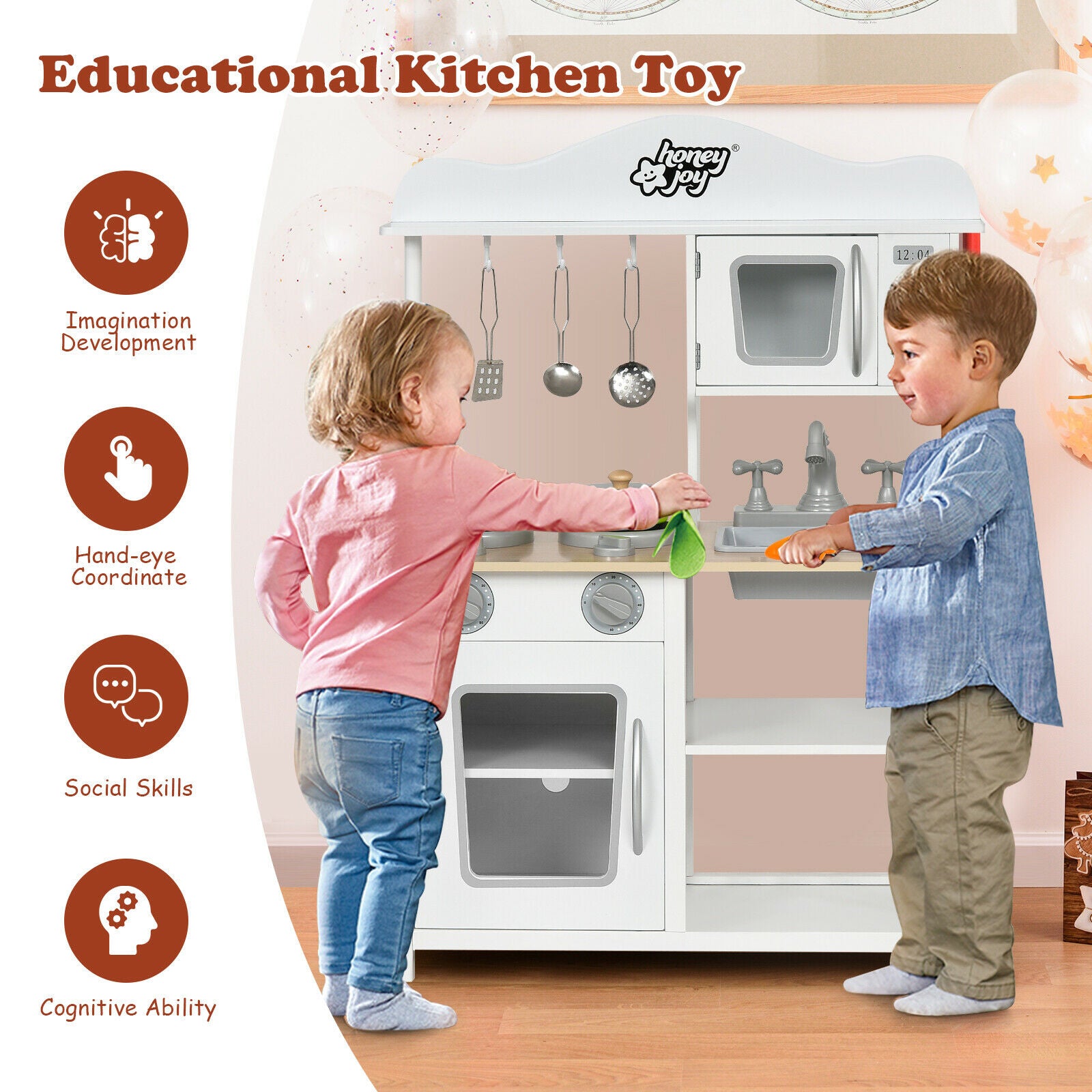 Children's Wooden Play Kitchen with Cooking Pots and Utensils