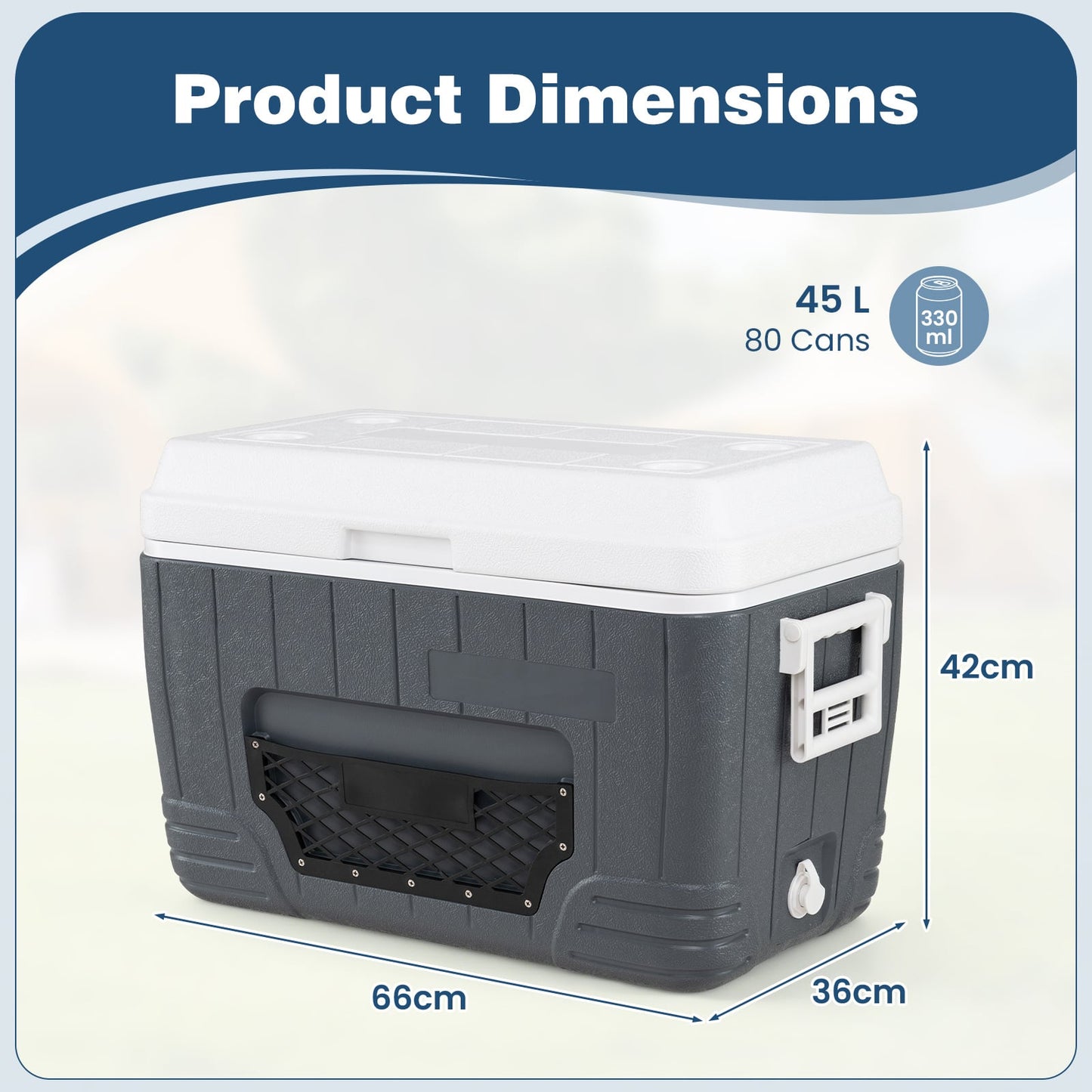 45 L Insulated Portable Cooler Hard Shell with 4 Cup Holders and Drain Plug-Grey
