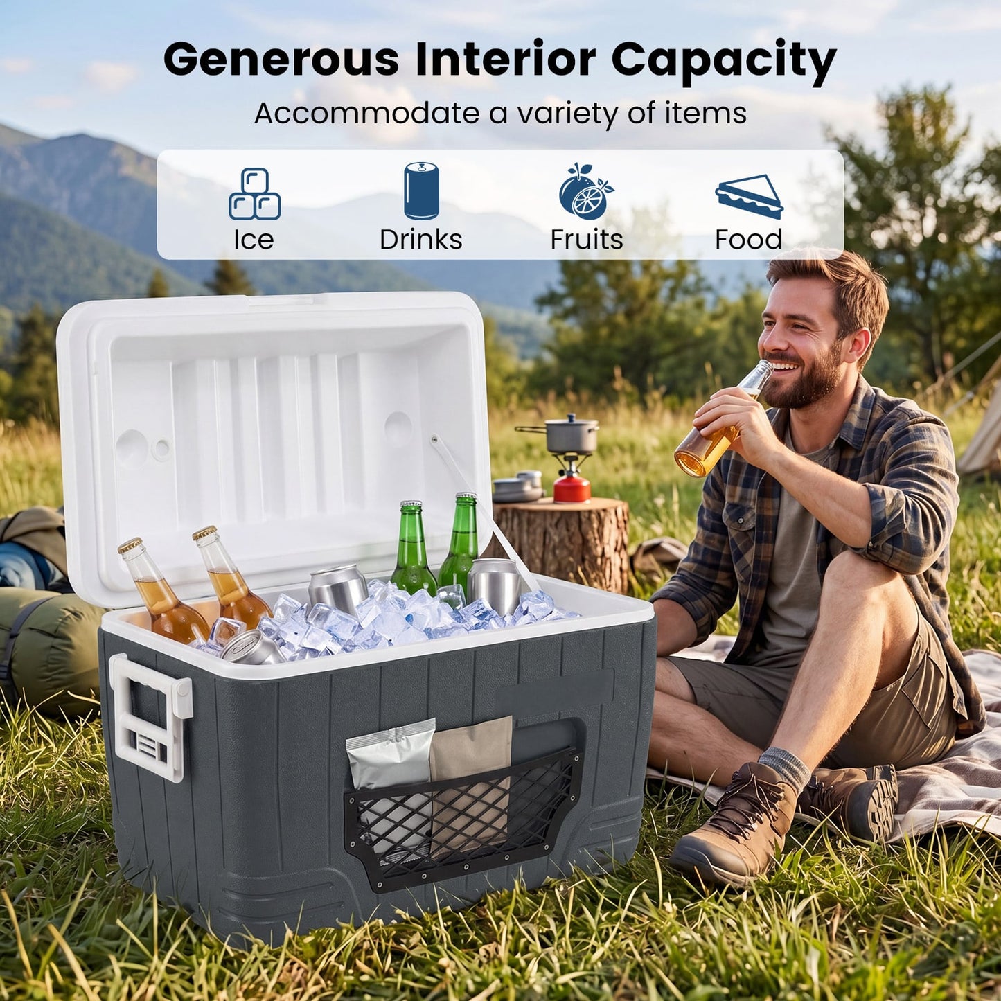 45 L Insulated Portable Cooler Hard Shell with 4 Cup Holders and Drain Plug-Grey