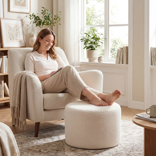 45 cm x 35 cm Round Pouf Ottoman with Loop Yarn Fabric and Machine-washable Cover-White