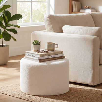 45 cm x 35 cm Round Pouf Ottoman with Loop Yarn Fabric and Machine-washable Cover-White