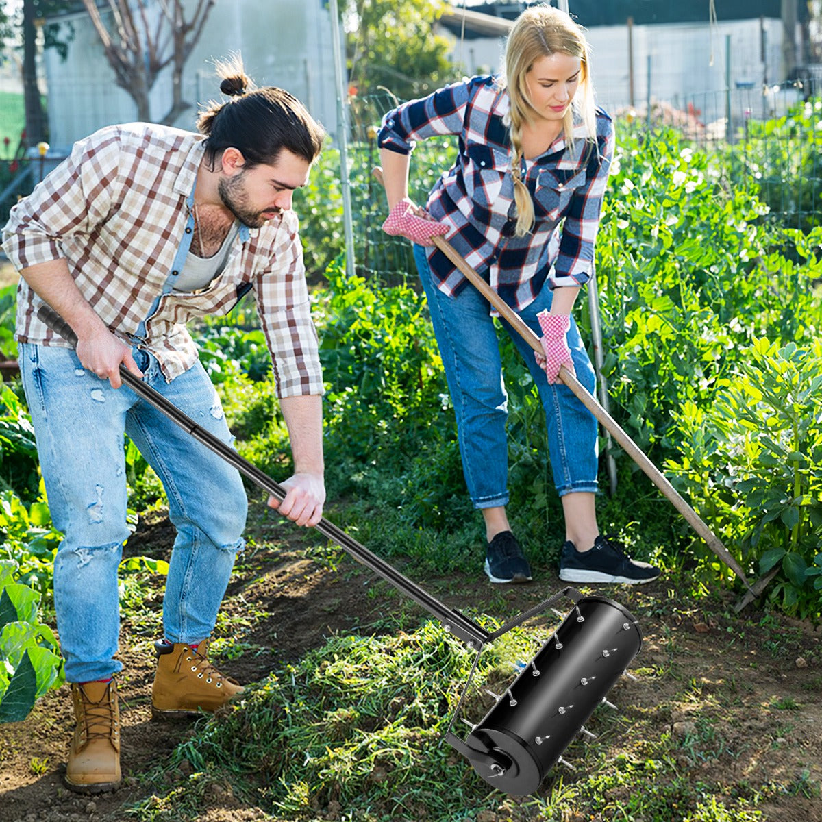 45 cm Manual Rolling Lawn Aerator Tool with 130 cm Detachable Handle-Black