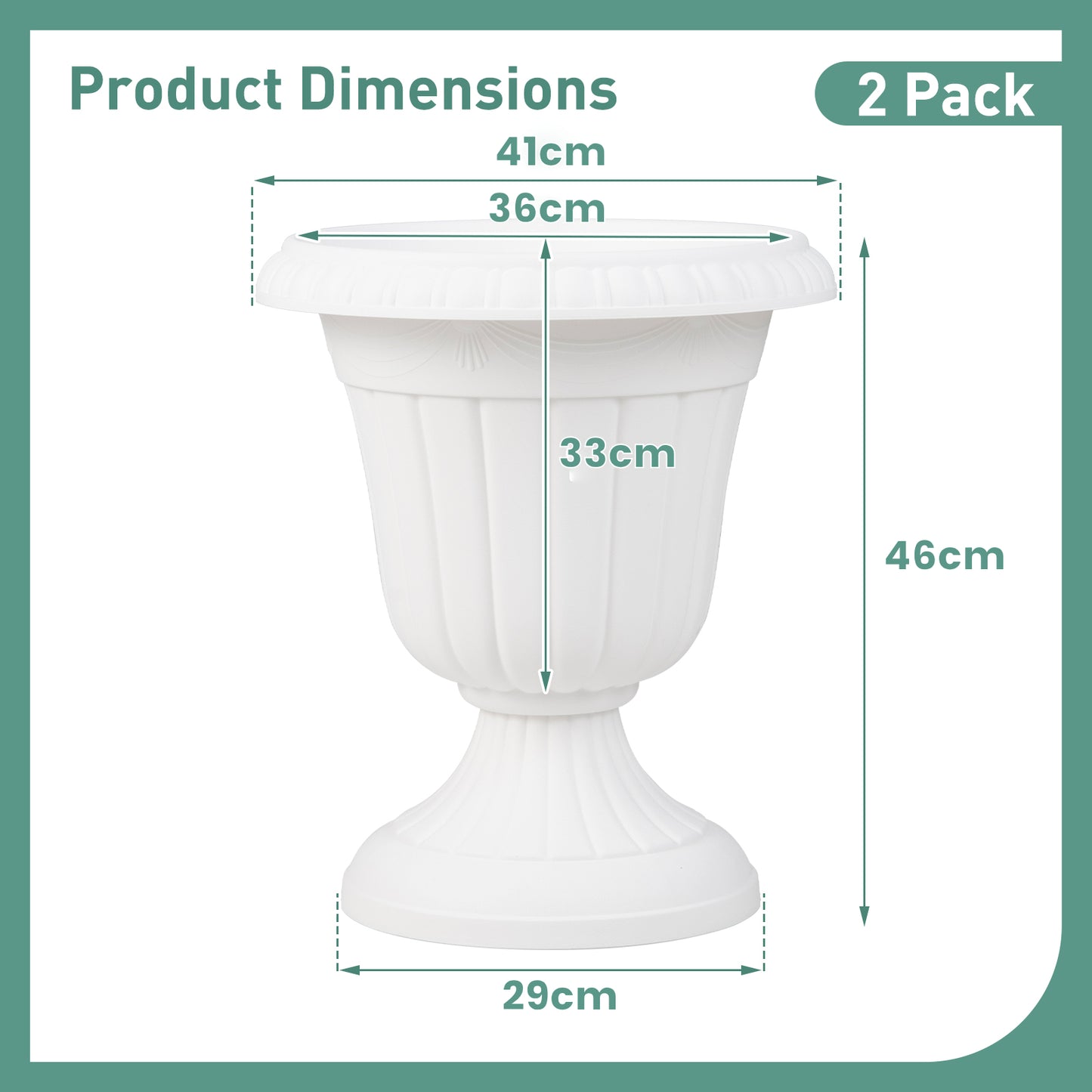 46cm Tall Vintage Planters Set of 2 Urn Plastic Flower Pots-White
