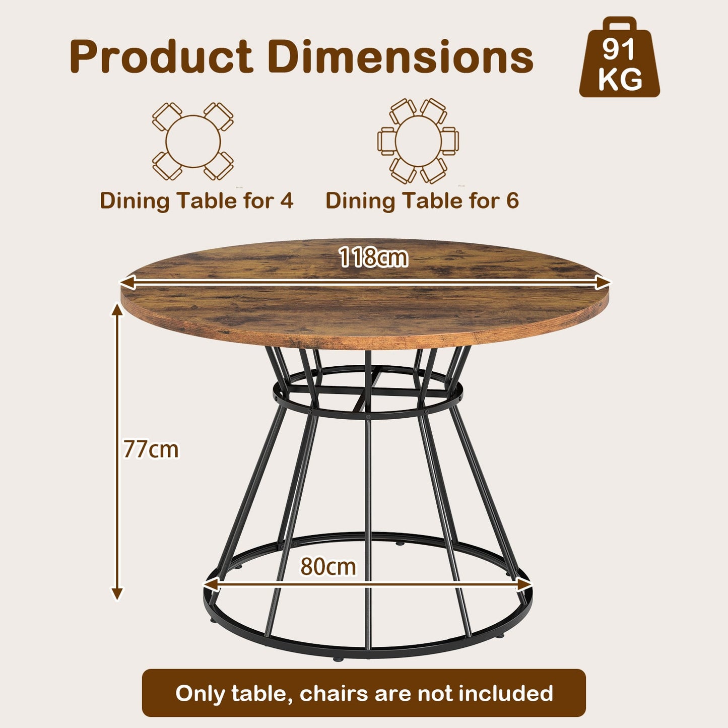 Round Dining Table for 4 with Wooden Tabletop and Metal Base-Rustic Brown