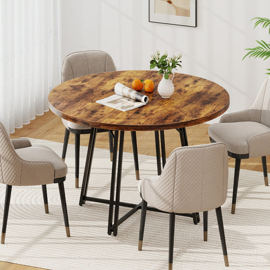 47 Inch Dining Table for 4-6 People Round Kitchen Table with 8 Metal Supporting Legs and Cross Base-Brown