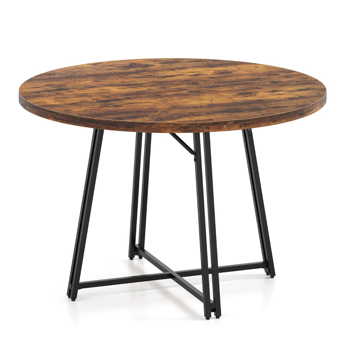 47 Inch Dining Table for 4-6 People Round Kitchen Table with 8 Metal Supporting Legs and Cross Base-Brown