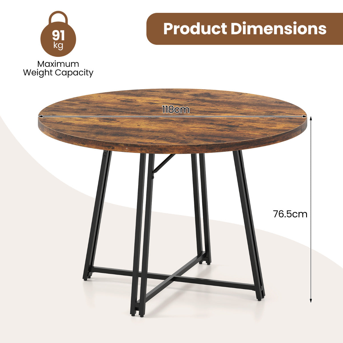 47 Inch Dining Table for 4-6 People Round Kitchen Table with 8 Metal Supporting Legs and Cross Base-Brown