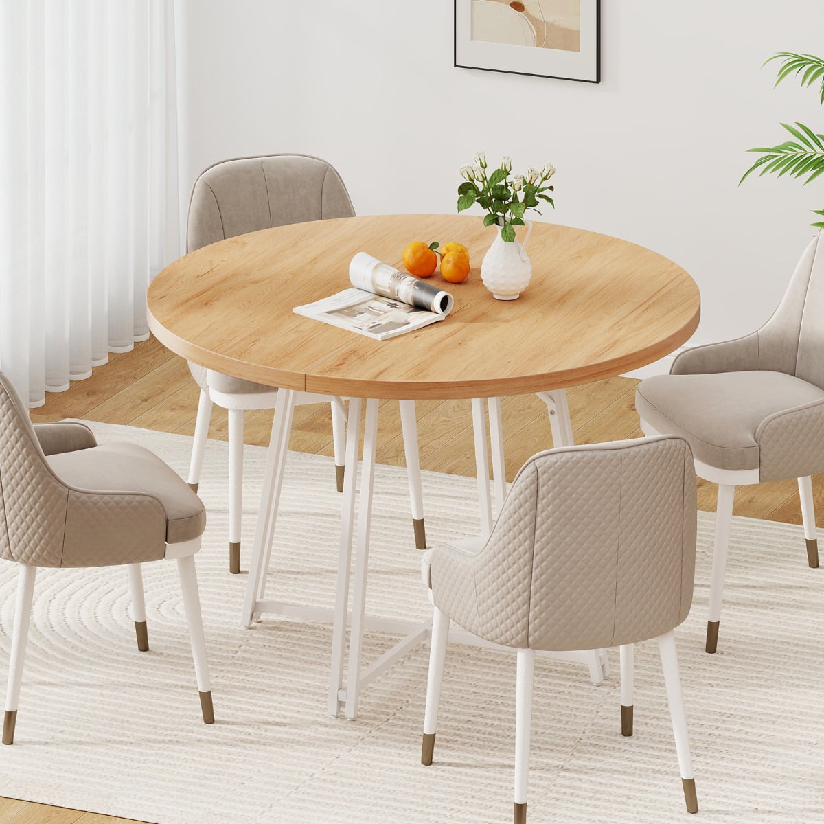 47 Inch Dining Table for 4-6 People Round Kitchen Table with 8 Metal Supporting Legs and Cross Base-Natural