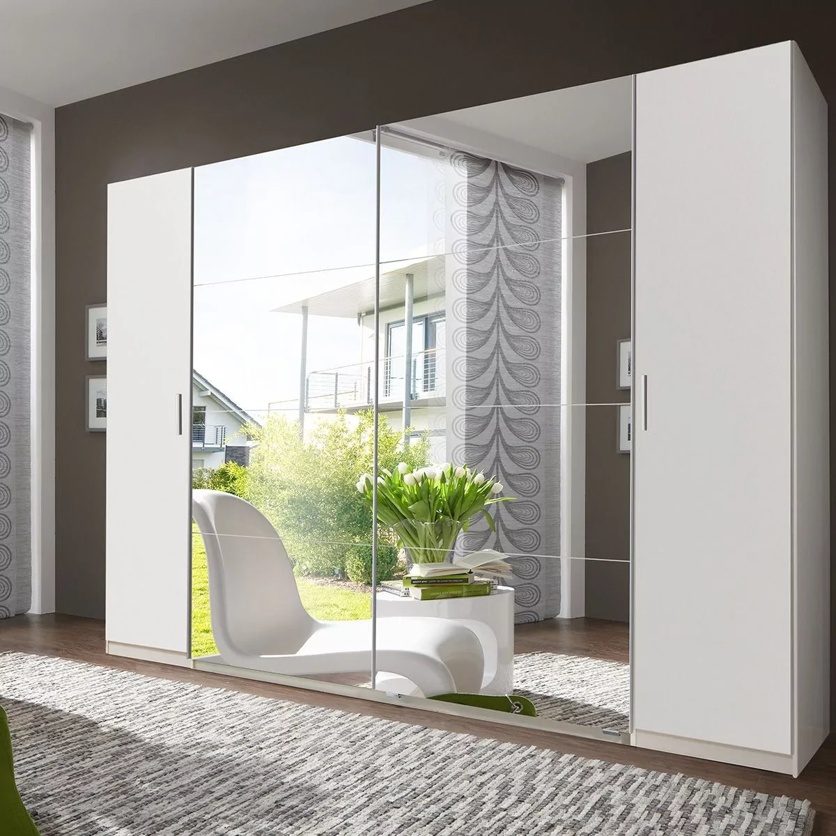 Sliding Wardrobe LANTAU 4 Door Mirrored Wardrobe White 316cm