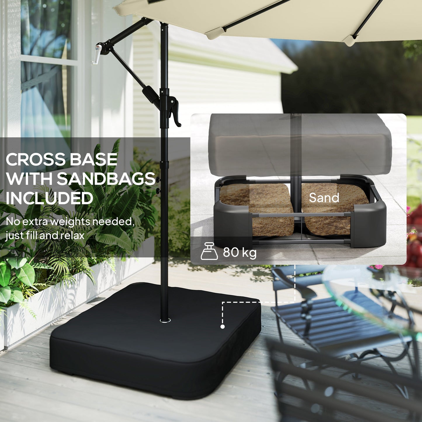 Outsunny 3 m Garden Cantilever Parasol with Cross Base, Sandbag, 360Â° Rotating Overhanging Banana Umbrella, Beige