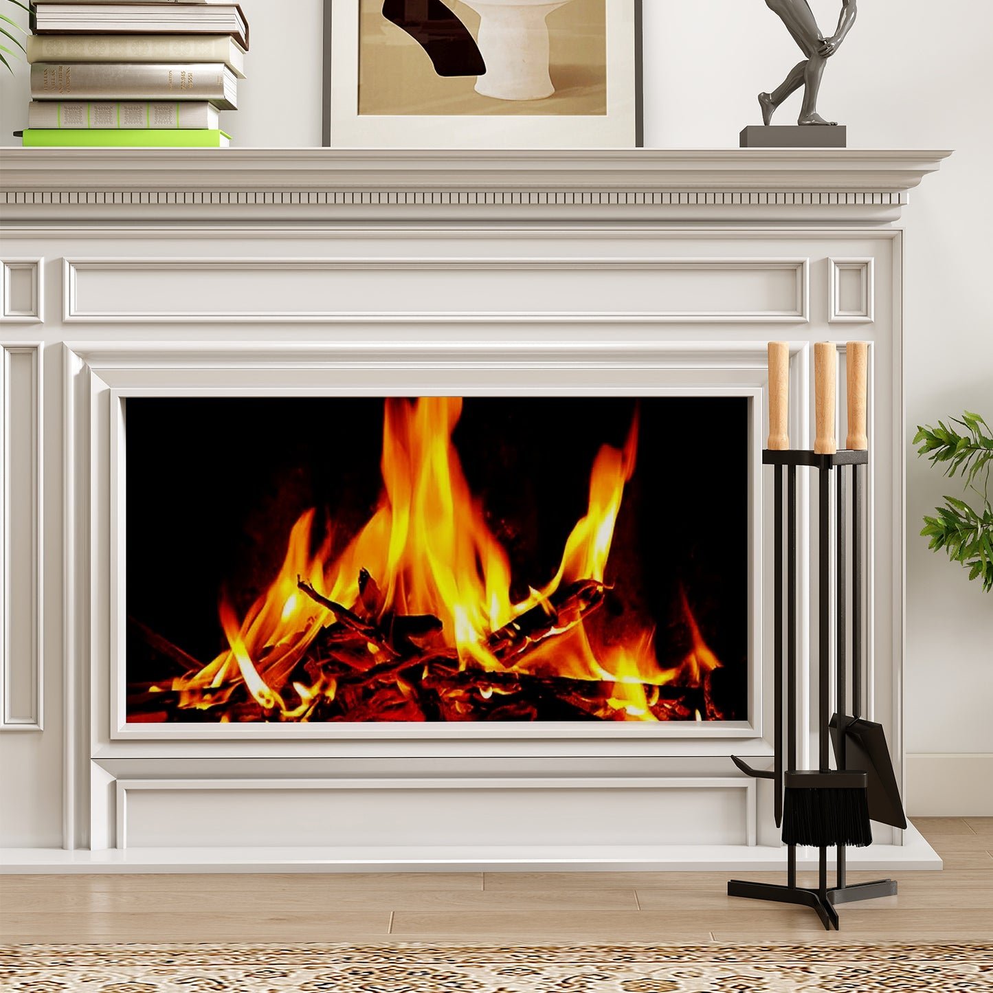 4-Piece Metal Fireplace Tools Set with Wood Handle and Base Stand Holder