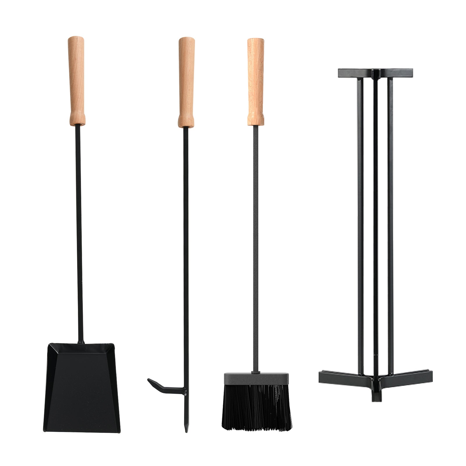 4-Piece Metal Fireplace Tools Set with Wood Handle and Base Stand Holder