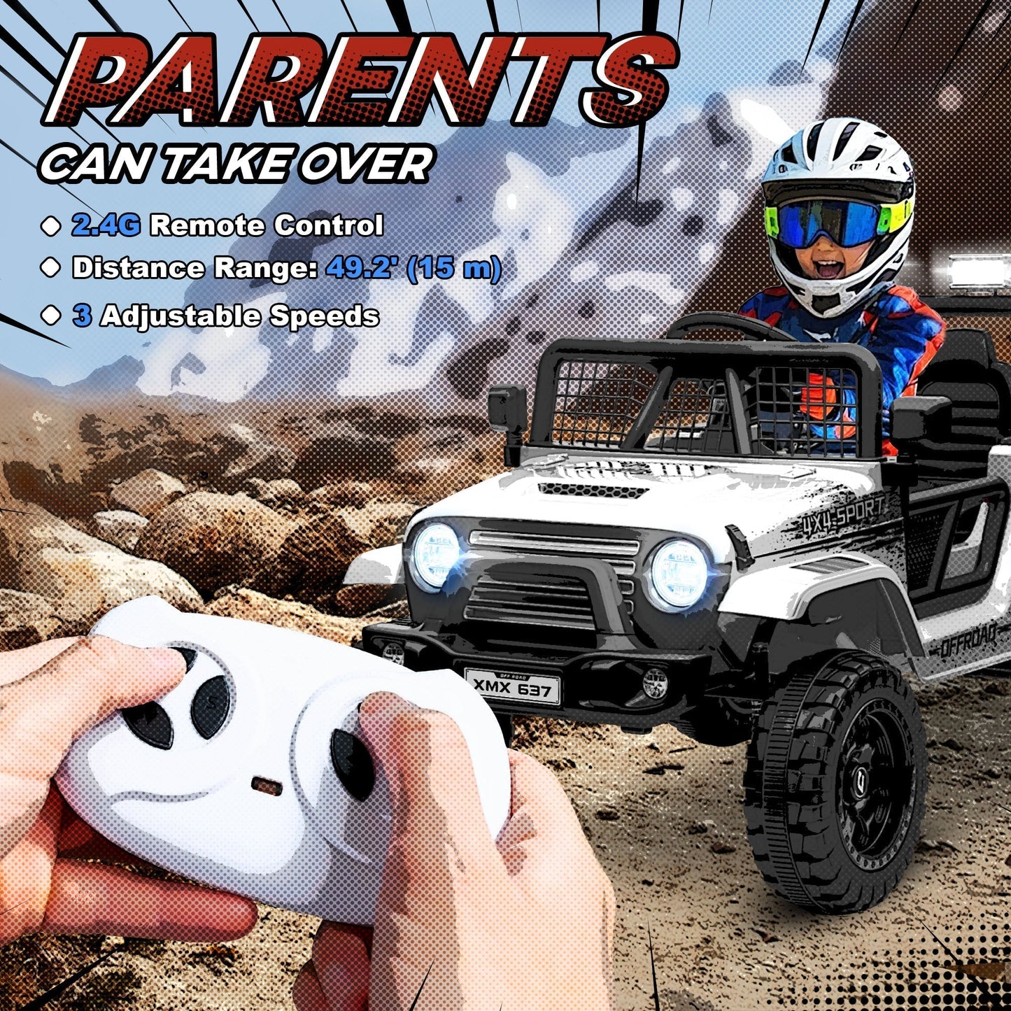AIYAPLAY 12V Battery Powered Kids Ride-On Car, Electric Truck w/ Spring Suspension, Remote, Music, Horn, Lights, White