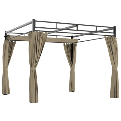 Outsunny 3 x 3 m Pergola with Retractable Roof Canopy and Curtains, UPF30+ Metal Frame Garden Pergola Gazebo Sun Shade, Khaki