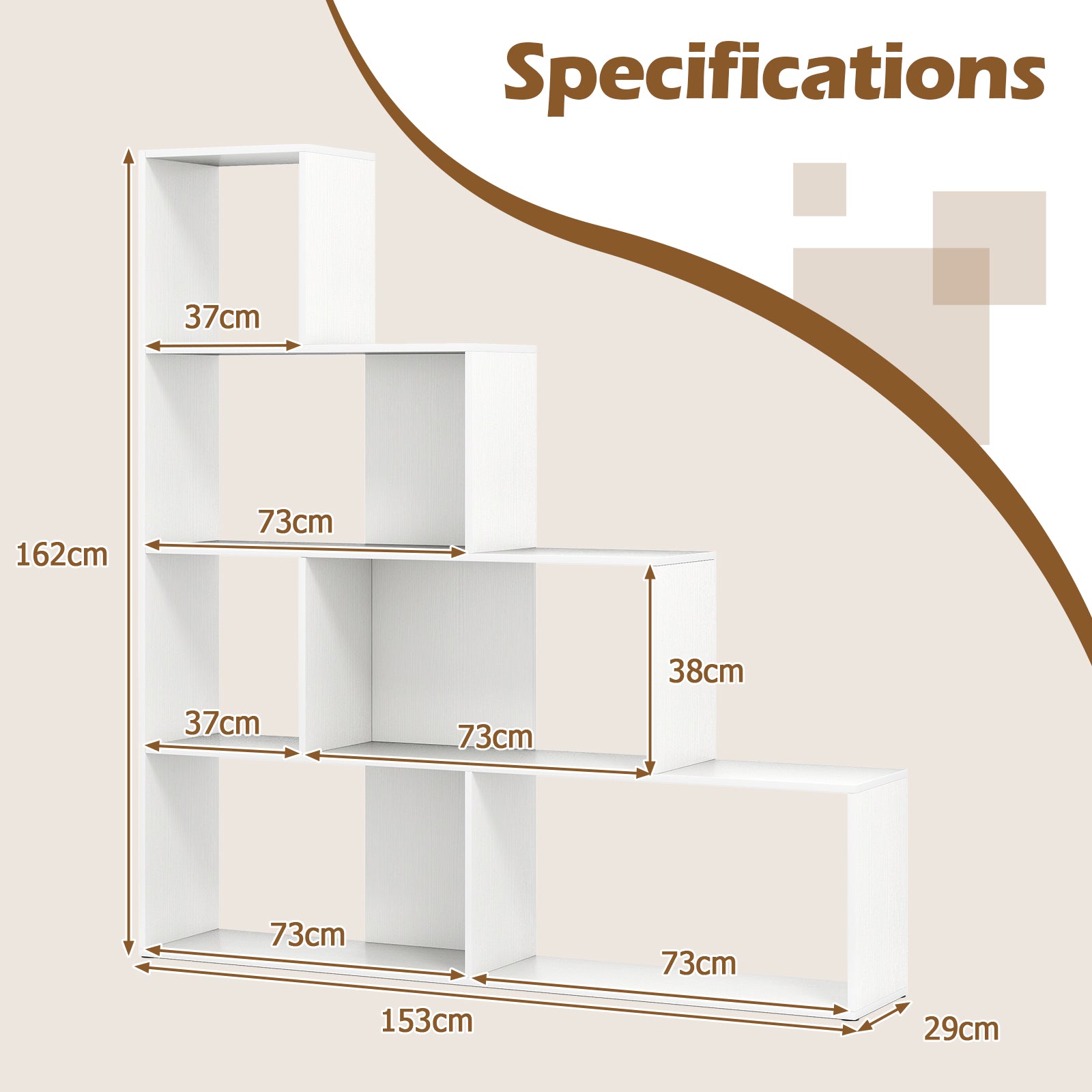 4-Tier Stepped Bookshelf Modern Ladder Bookcase with 6 Storage Cubes-White
