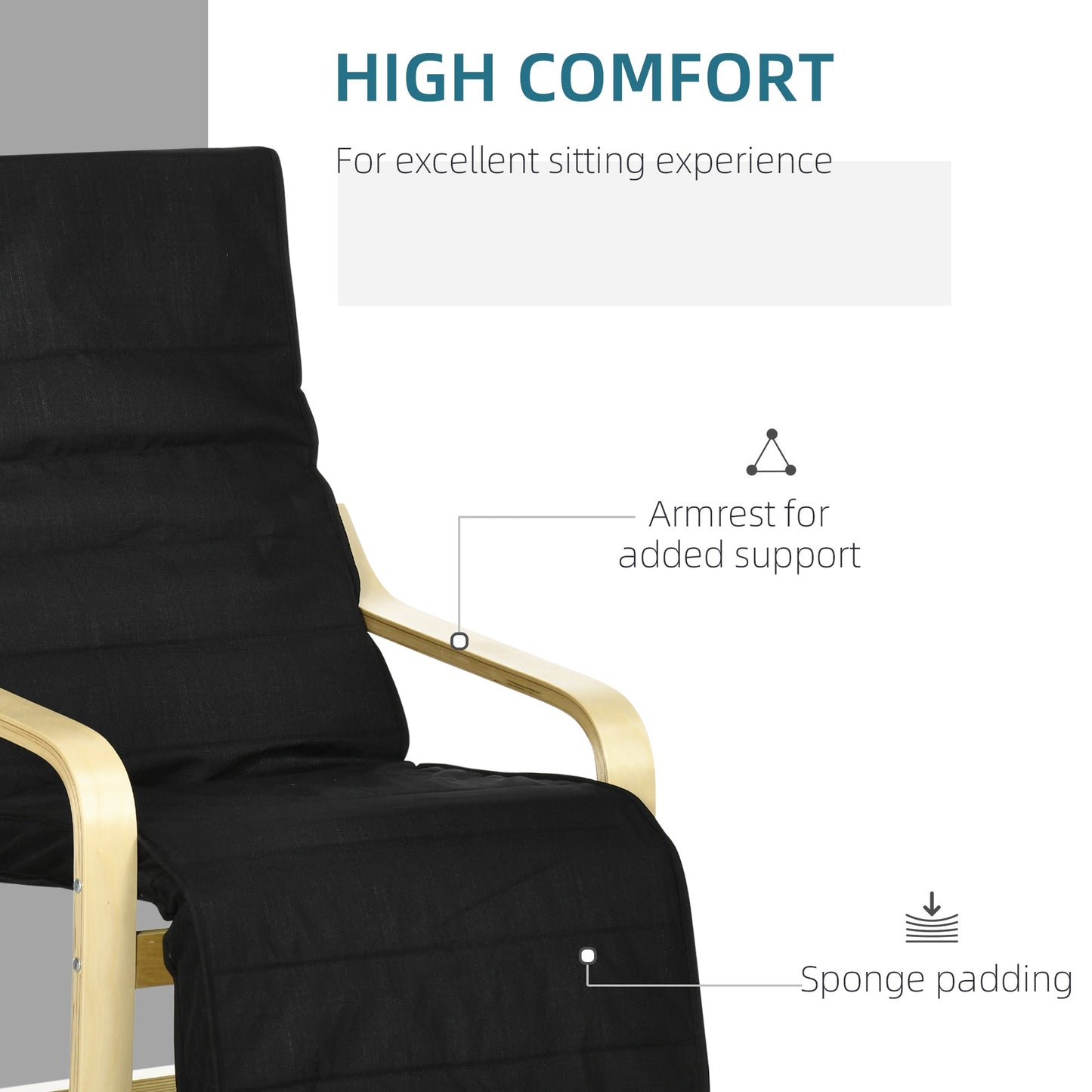 HOMCOM Wooden Armchair, Upholstered Linen Lounge Chair with Adjustable Footrest & Removable Cushion, Poang Chair for Living Room, Black