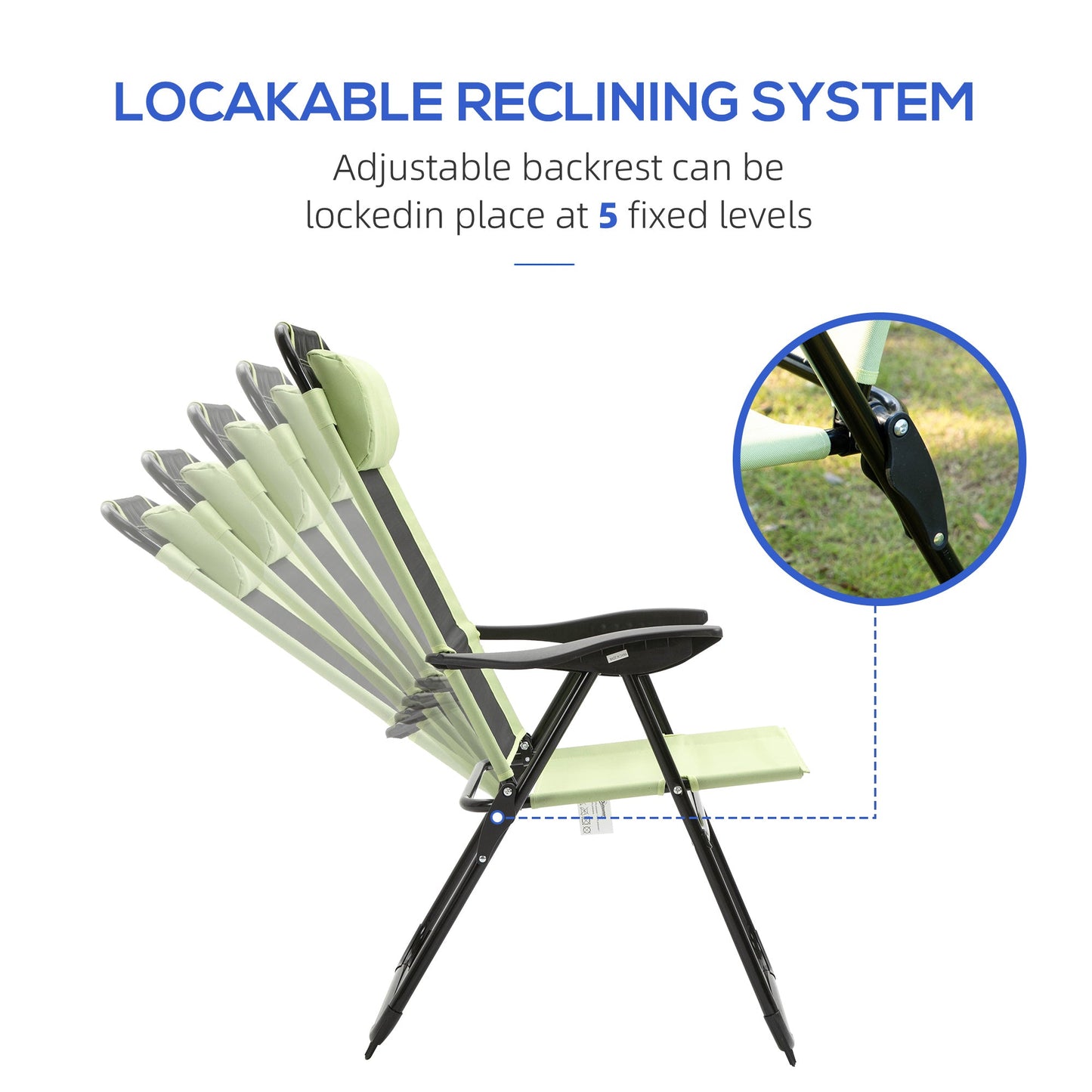 Outsunny Set of 2 Portable Folding Recliner Metal Outdoor Patio Chaise Lounge Chairs with Adjustable Backrest, Green