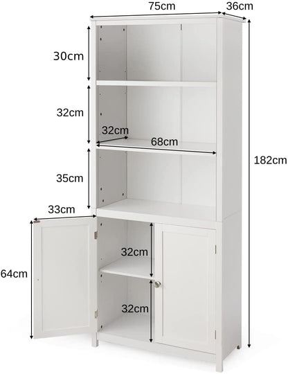 Wooden Tall Bookcase with 3-Tier Storage Cabinet-White