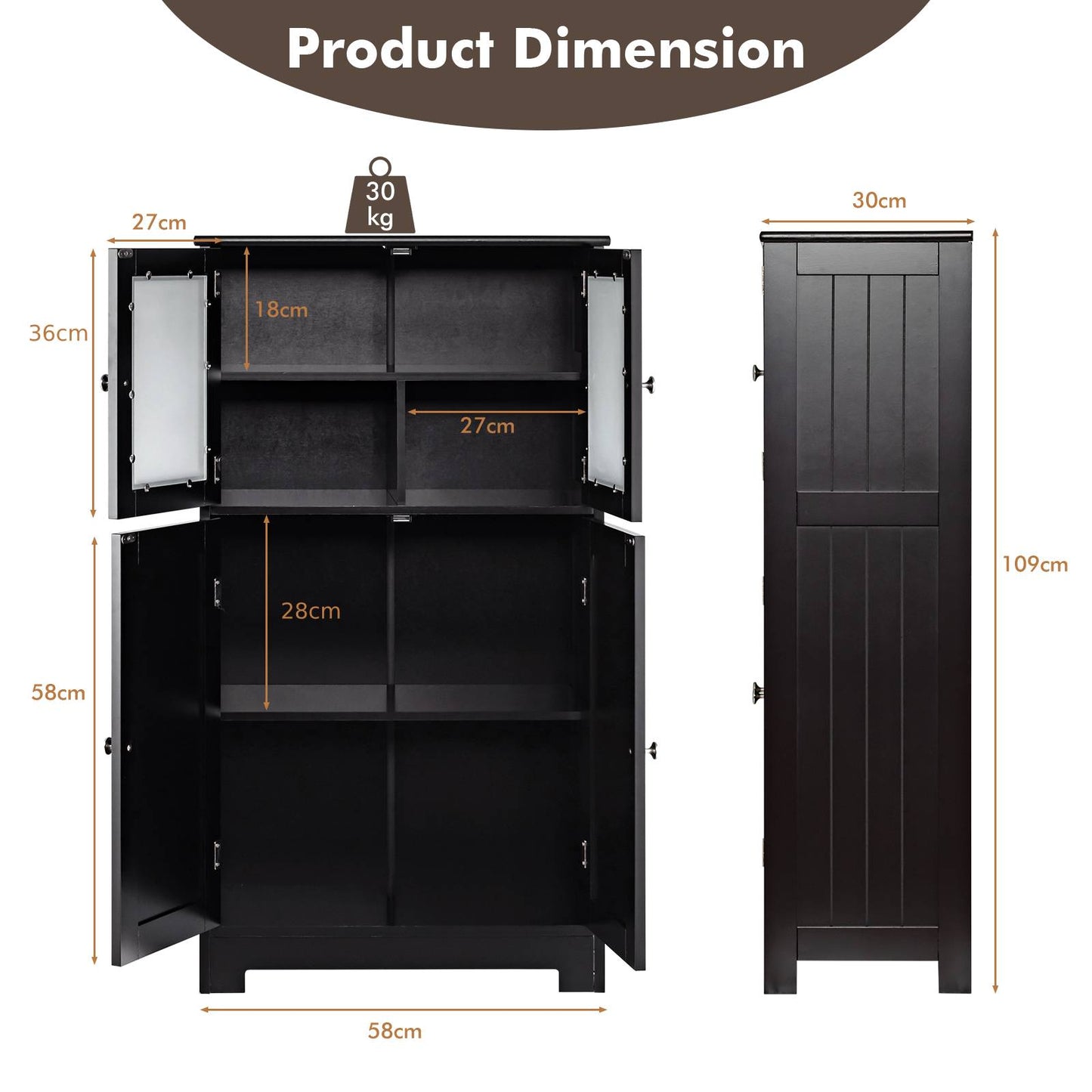 4-Door Bathroom Floor Cabinet with Glass Doors and Adjustable Shelf-Black