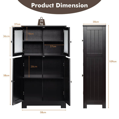 4-Door Bathroom Floor Cabinet with Glass Doors and Adjustable Shelf-Black