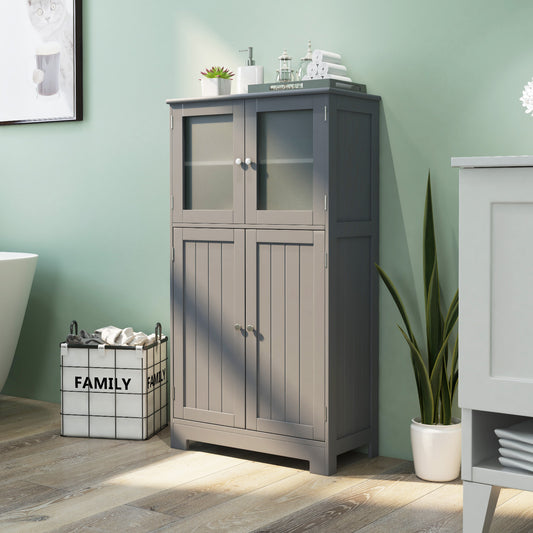 4-Door Bathroom Floor Cabinet with Glass Doors and Adjustable Shelf-Grey