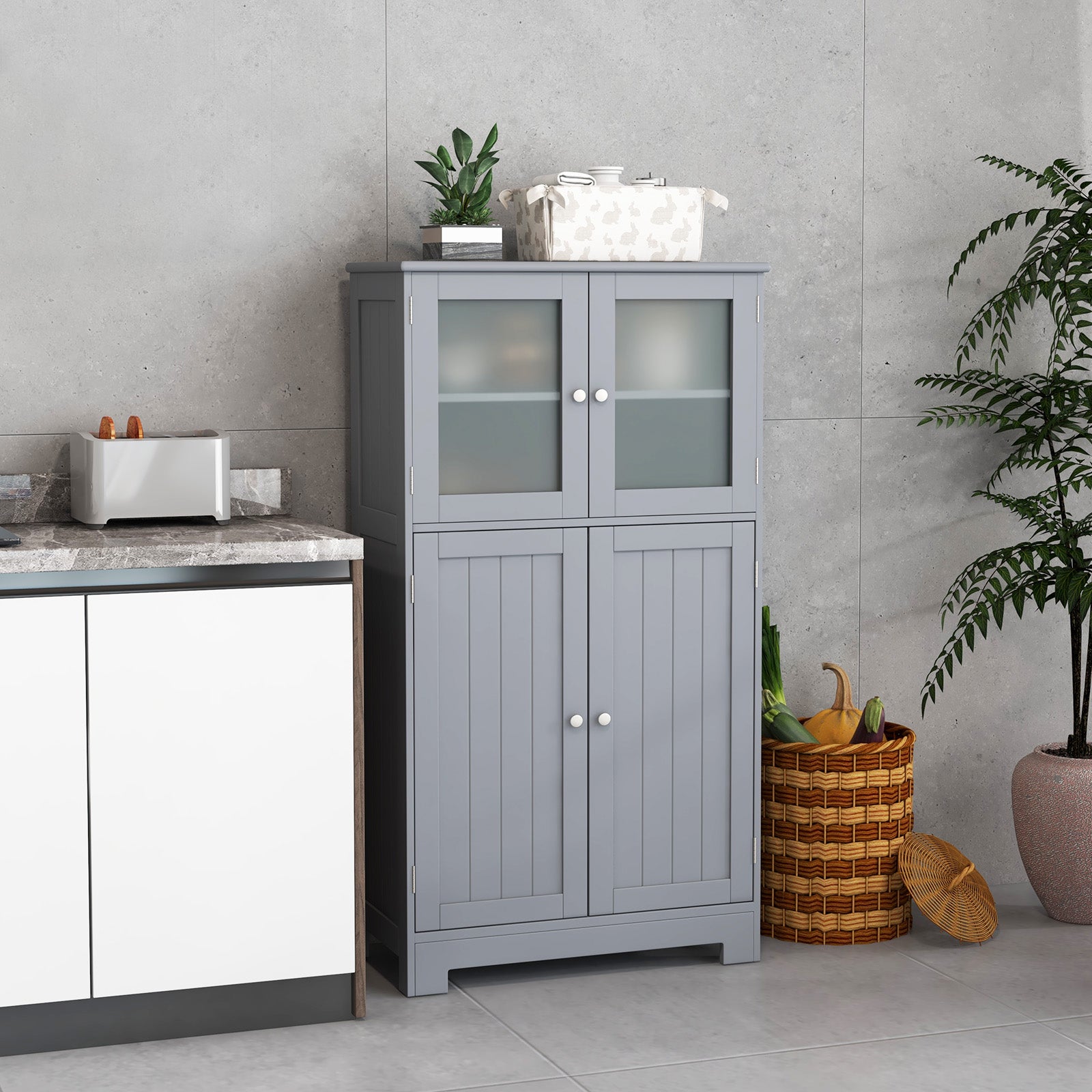 4-Door Bathroom Floor Cabinet with Glass Doors and Adjustable Shelf-Grey