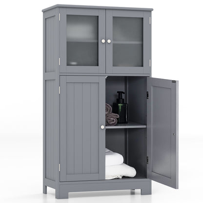 4-Door Bathroom Floor Cabinet with Glass Doors and Adjustable Shelf-Grey