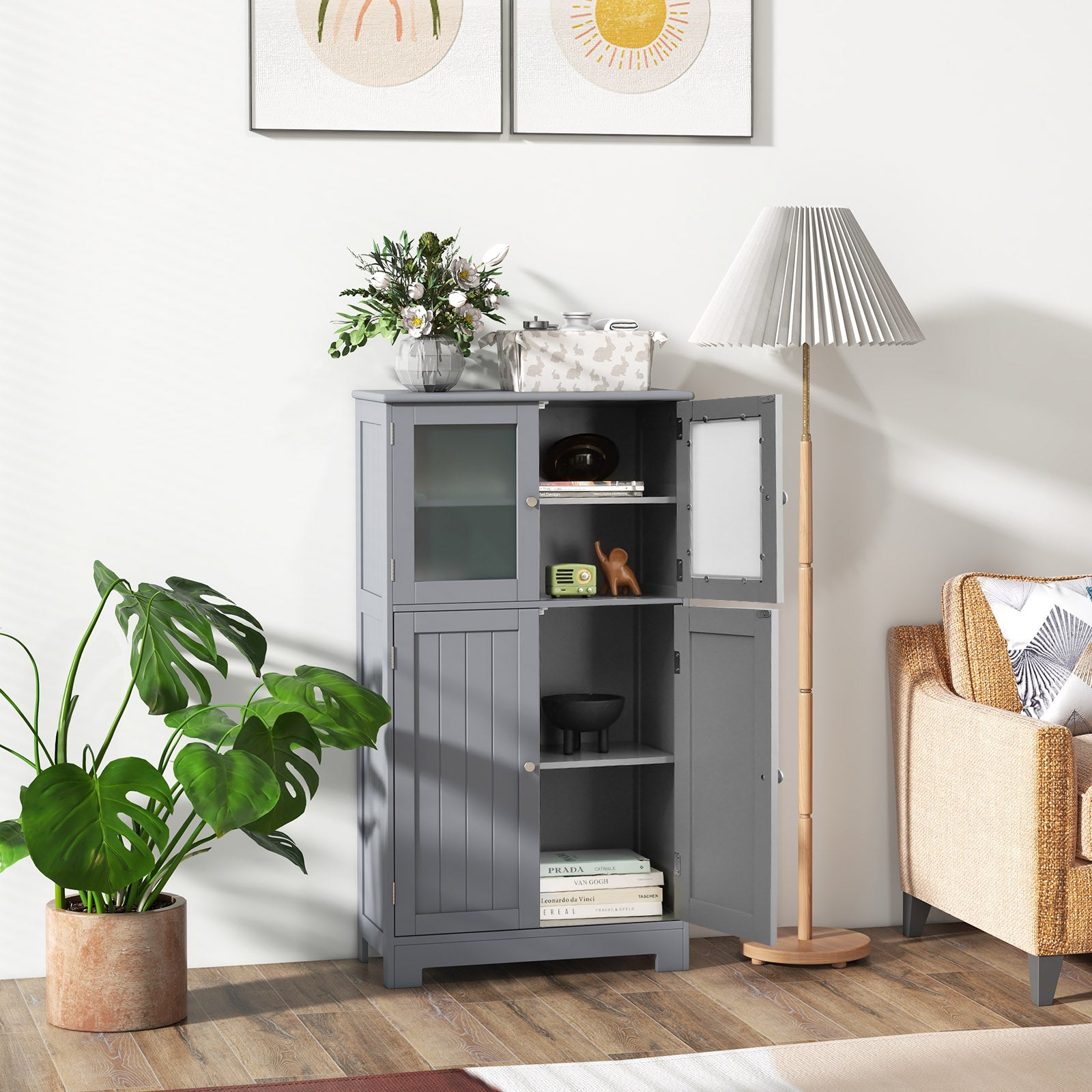 4-Door Bathroom Floor Cabinet with Glass Doors and Adjustable Shelf-Grey