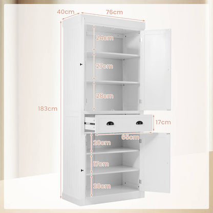 4-Door Tall Kitchen Cupboard Adjustable Shelves and Drawer-White