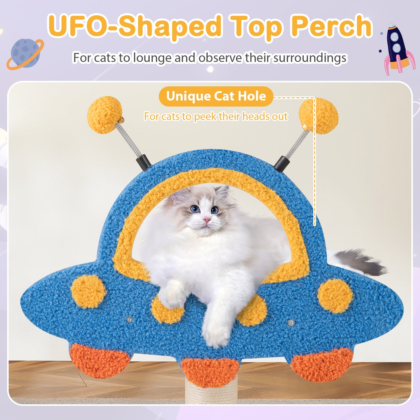 4-Level Cute Cat Tree Tower with UFO-Shaped Top Perch-Blue