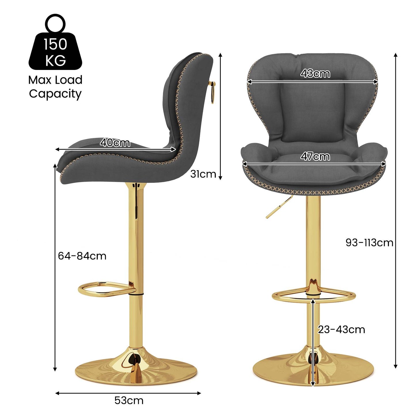 Set of 4 PU Leather Bar Stool Adjustable with Padded Seat Grey