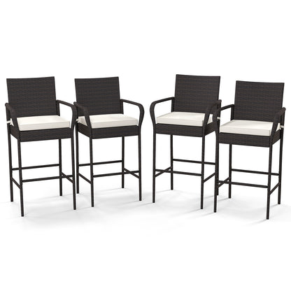 Set of 4 Patio Wicker Barstools PE Rattan with Armrests and Cushions-4 Pack