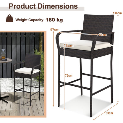 Set of 4 Patio Wicker Barstools PE Rattan with Armrests and Cushions-4 Pack