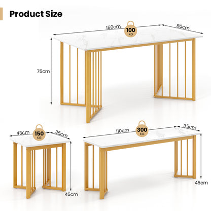 4 Pieces Modern Dinette Dining Table Set with Bench and 2 Stools-White &amp; Golden