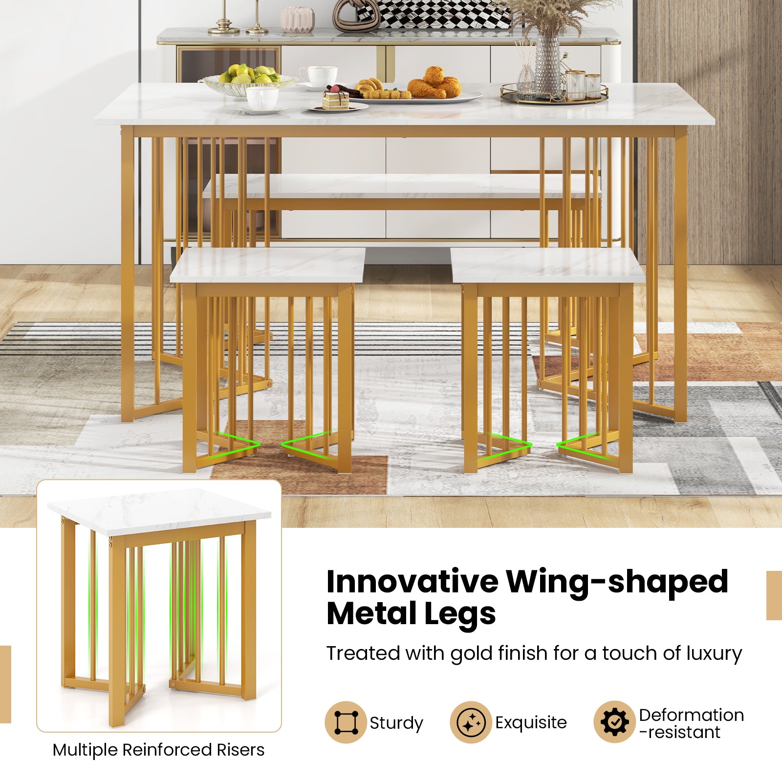 4 Pieces Modern Dinette Dining Table Set with Bench and 2 Stools-White &amp; Golden