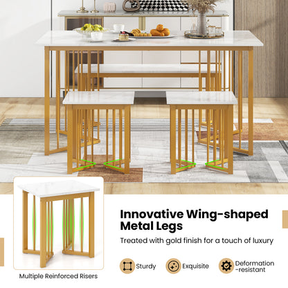 4 Pieces Modern Dinette Dining Table Set with Bench and 2 Stools-White &amp; Golden