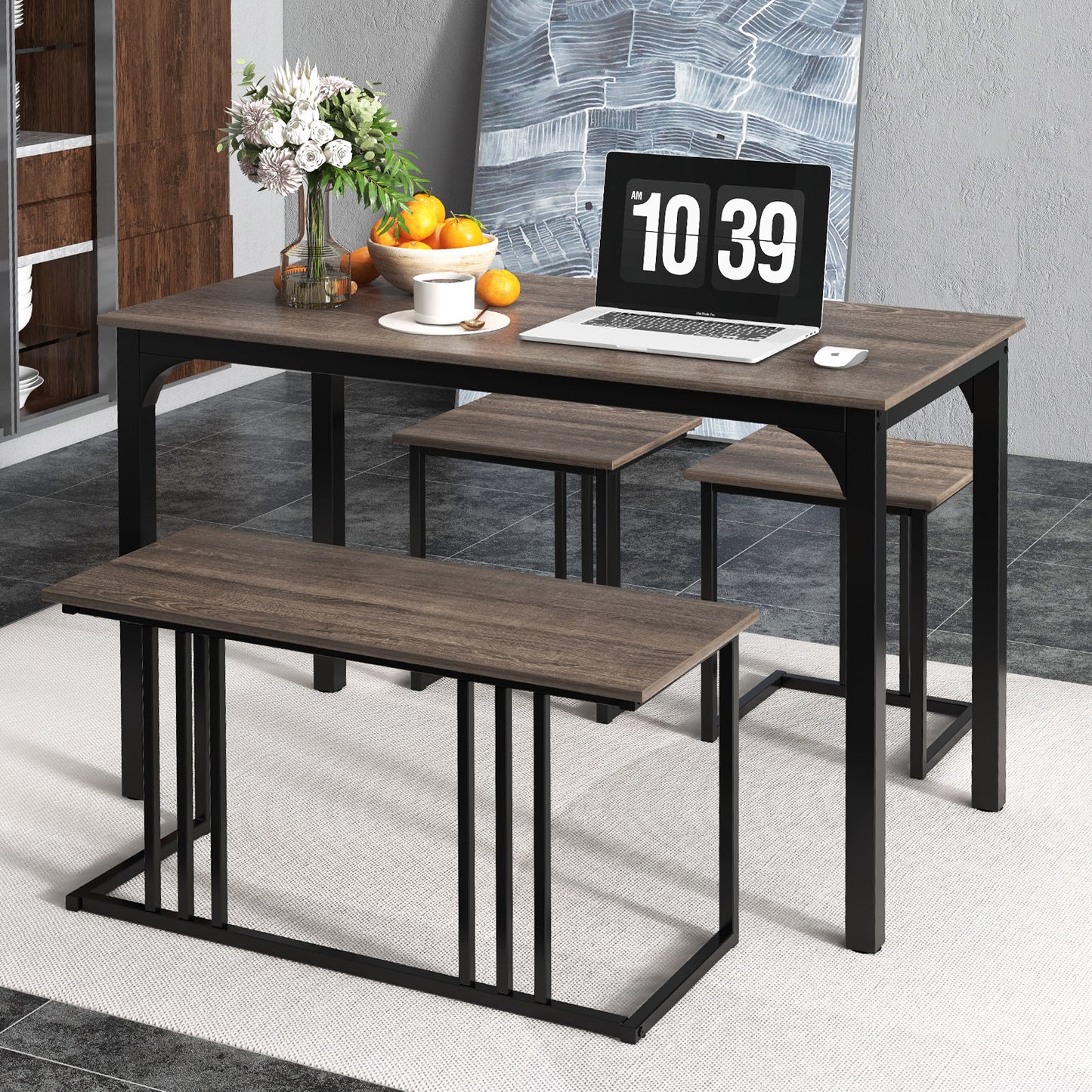 4-Piece Dining Table Set with Bench and 2 Stools for 4 Persons-Oak