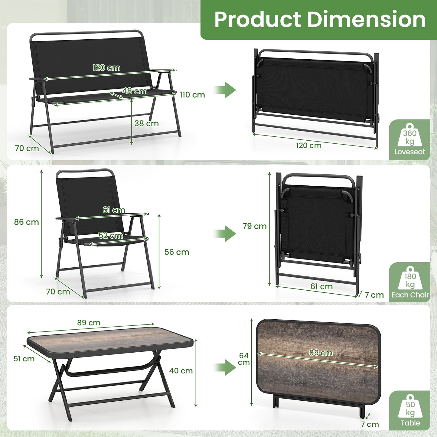 4 Piece Outdoor Conversation Set with 2 Chairs and Loveseat-Black