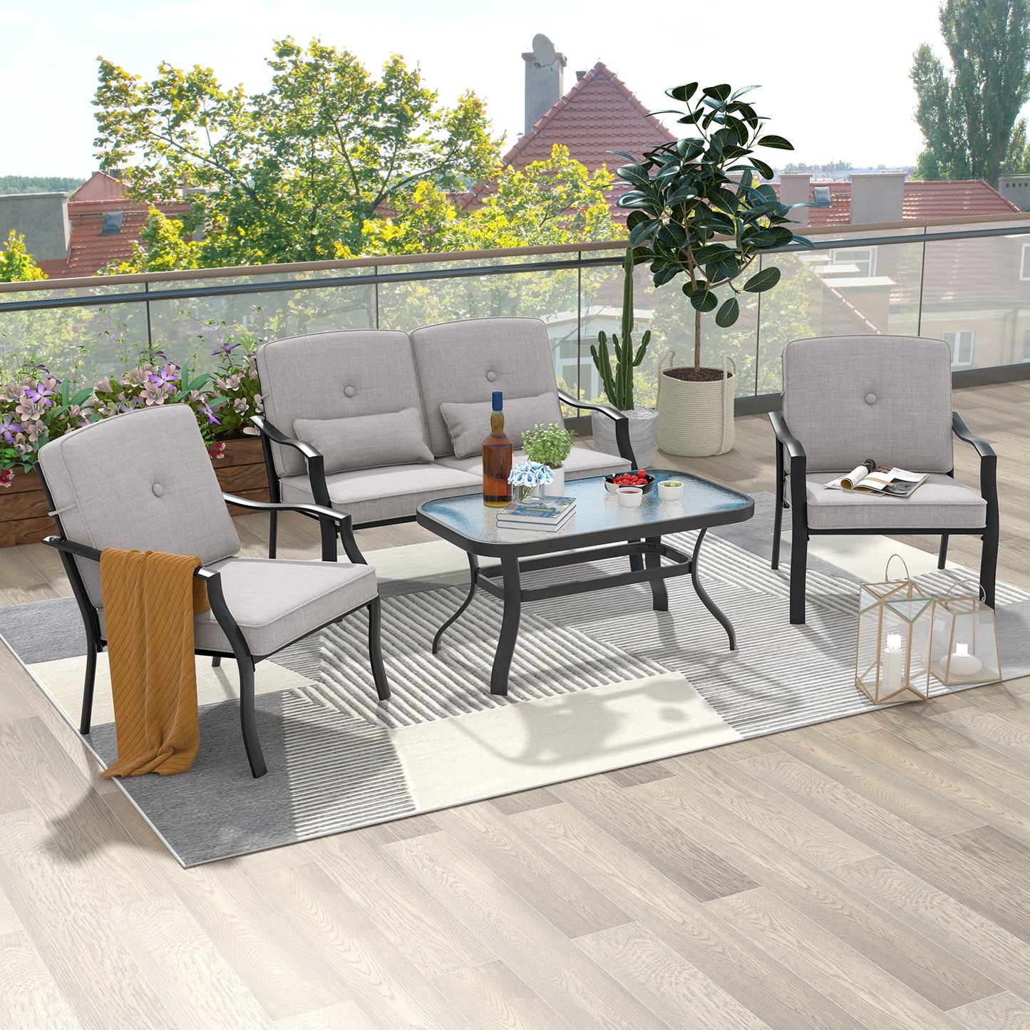 4 Piece Patio Conversation Set with Tempered Glass Coffee Table-Grey