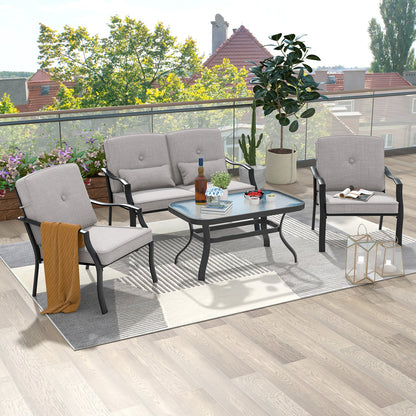 4 Piece Patio Conversation Set with Tempered Glass Coffee Table-Grey