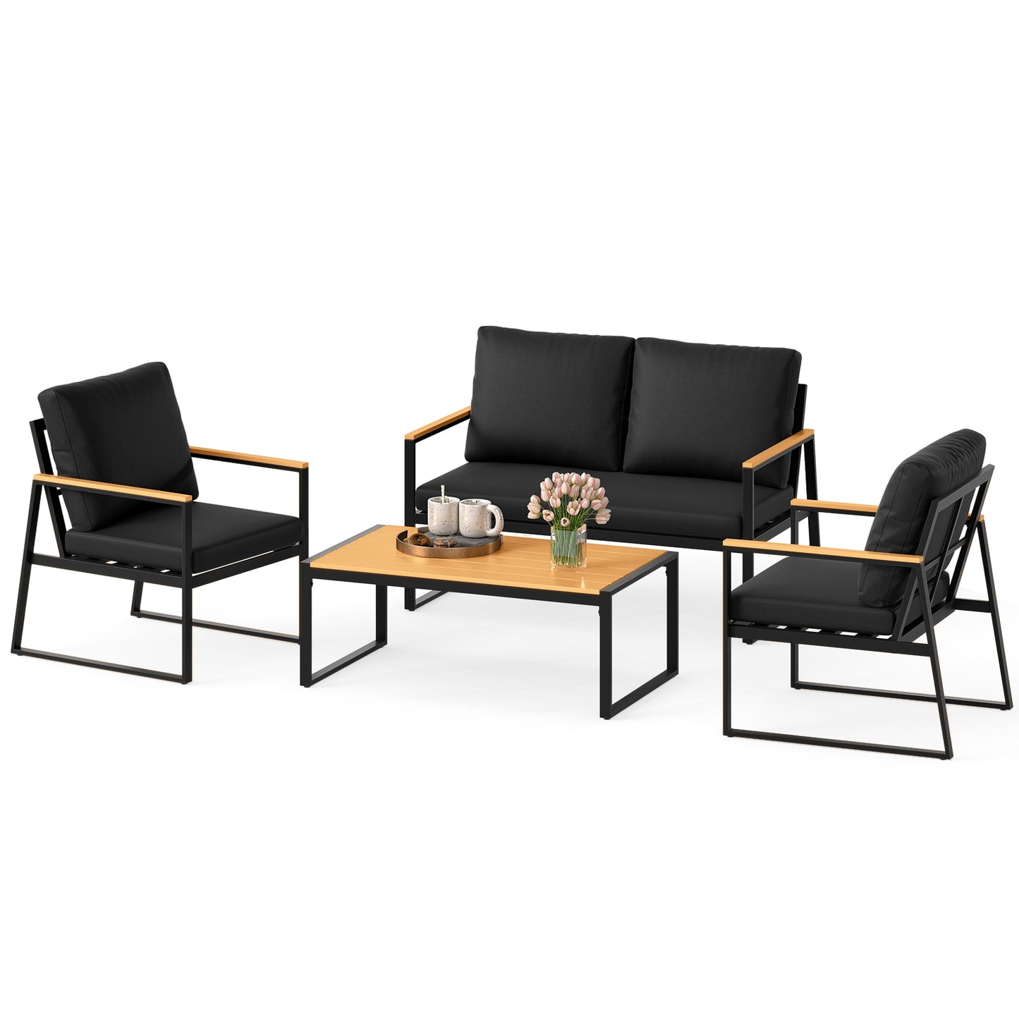 4 Pieces Patio Furniture Set  with Thick Cushions for Backyard-Black