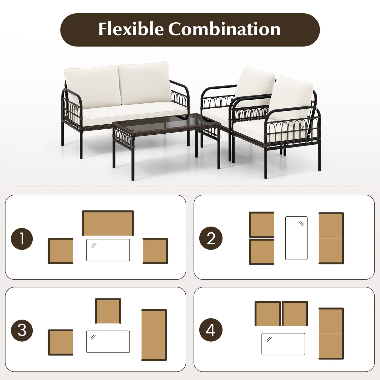 4 Pieces Patio Furniture Set with Soft Cushions-White