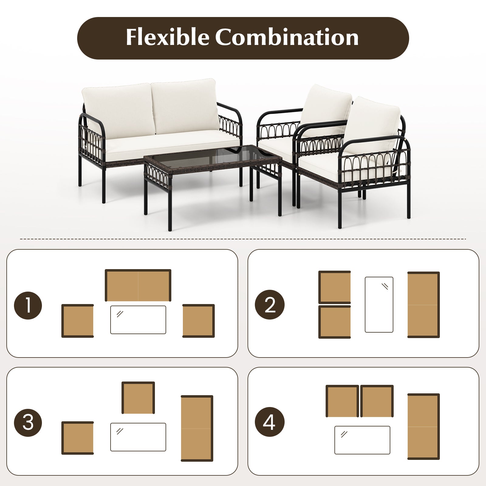 4 Pieces Patio Furniture Set with Soft Cushions-White