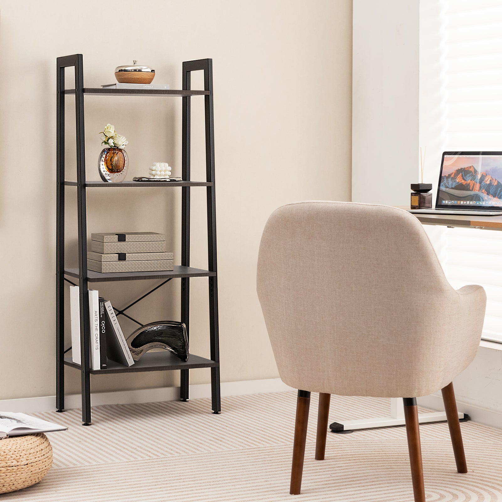 4-Tier Bookshelf with Metal Frame-Brown