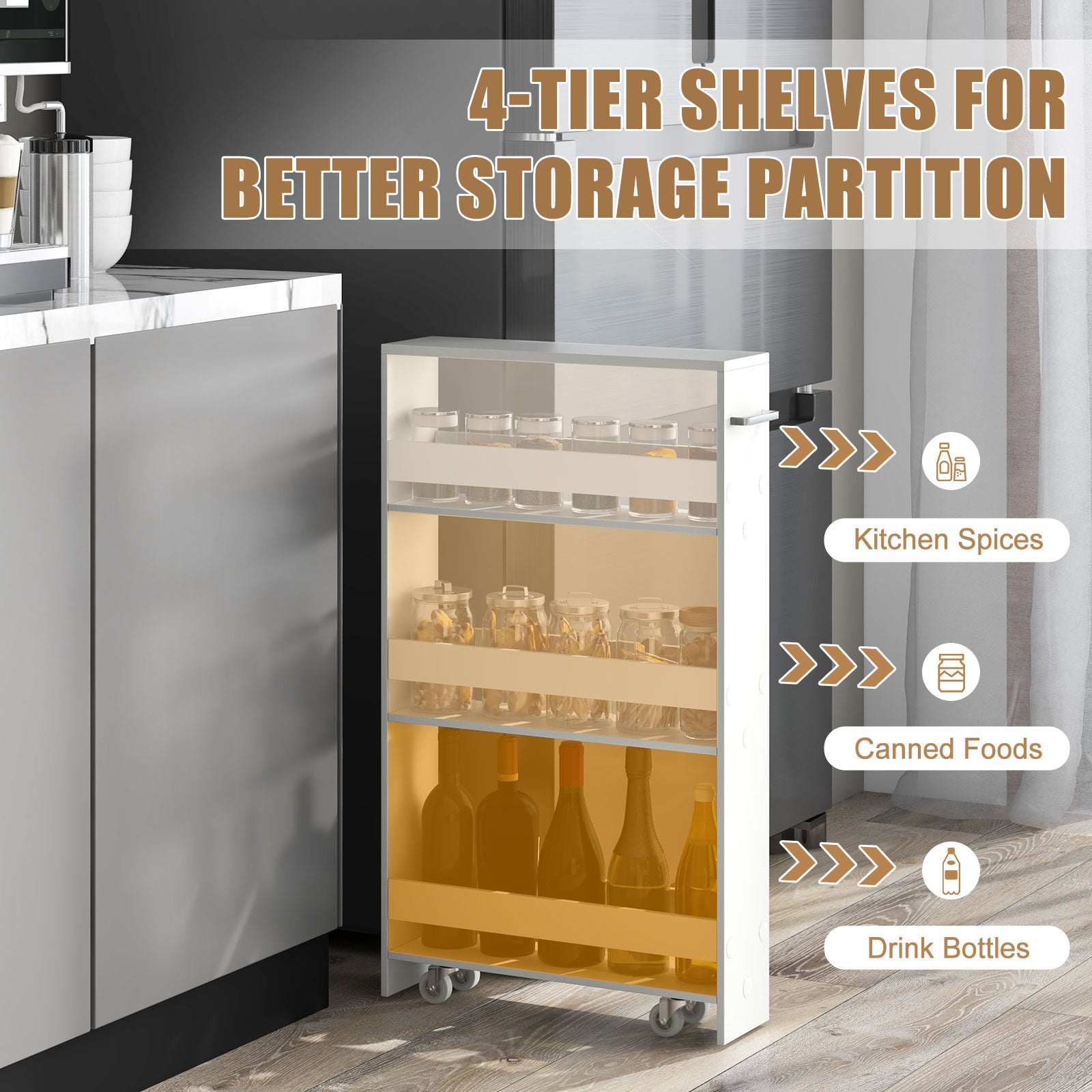 4-Tier Slim Storage Cart with Open Shelves-White