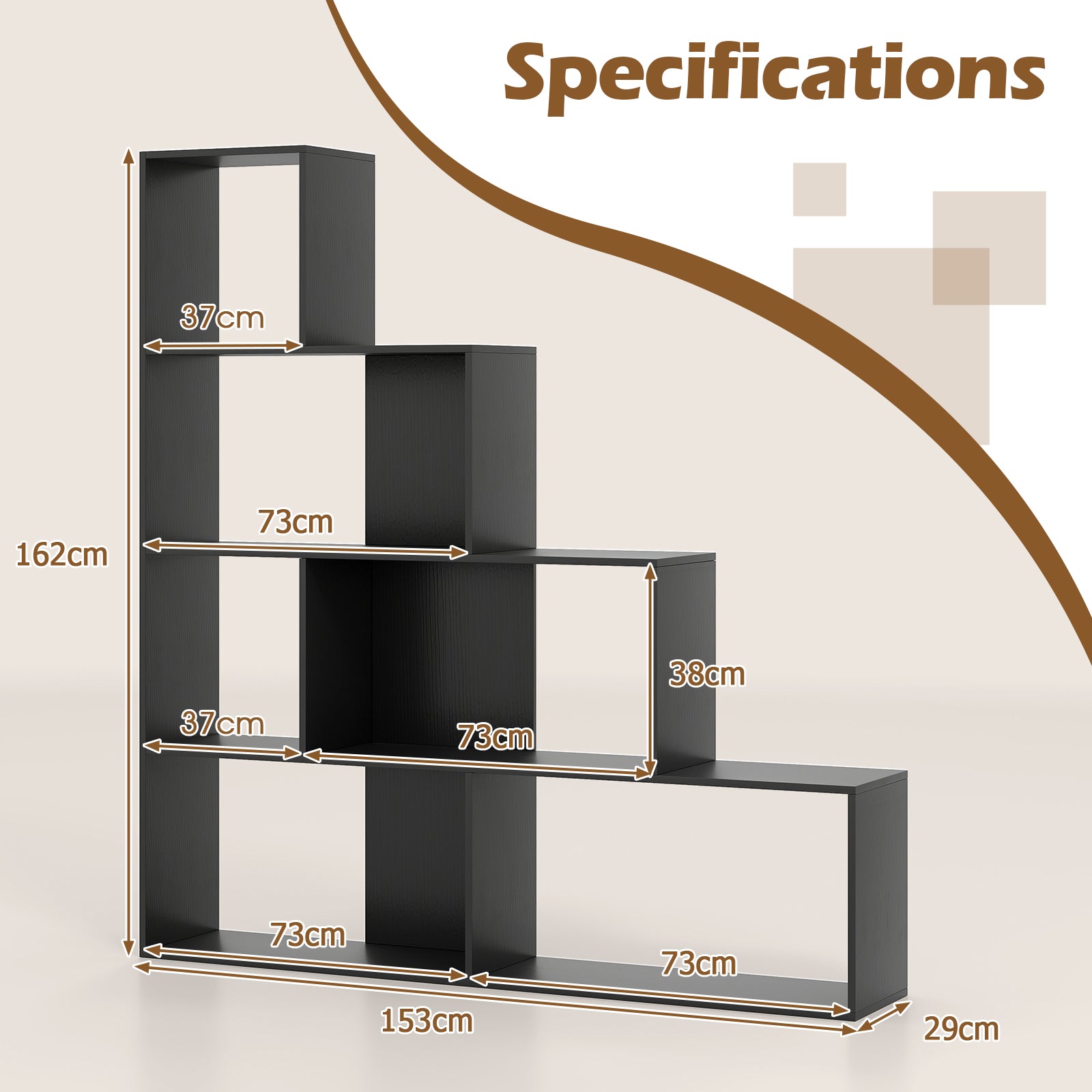 4-Tier Stepped Bookshelf Modern Ladder Bookcase with 6 Storage Cubes-Black