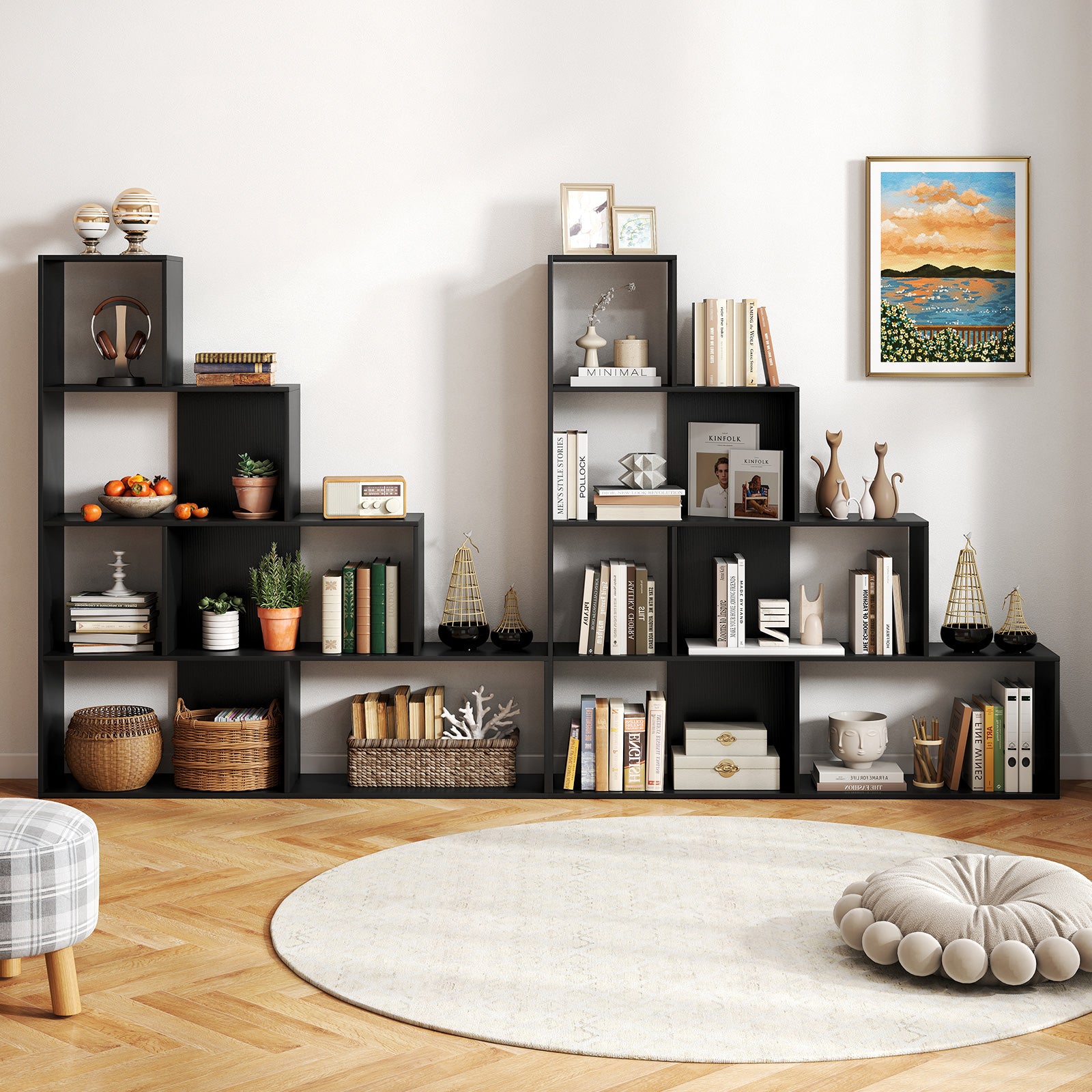 4-Tier Stepped Bookshelf Modern Ladder Bookcase with 6 Storage Cubes-Black