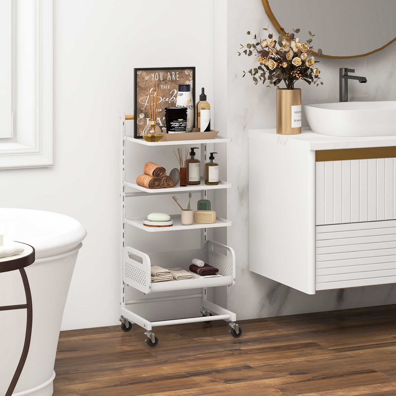 4 Tier Utility Rolling Cart with Adjustable Shelves-White